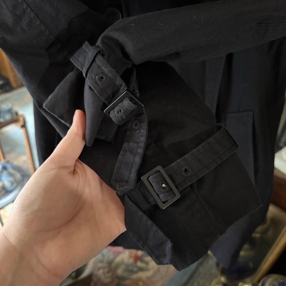 American Living Long Black Trench Coat with Collar & Back Storm Flap Vintage - Picture 7 of 16